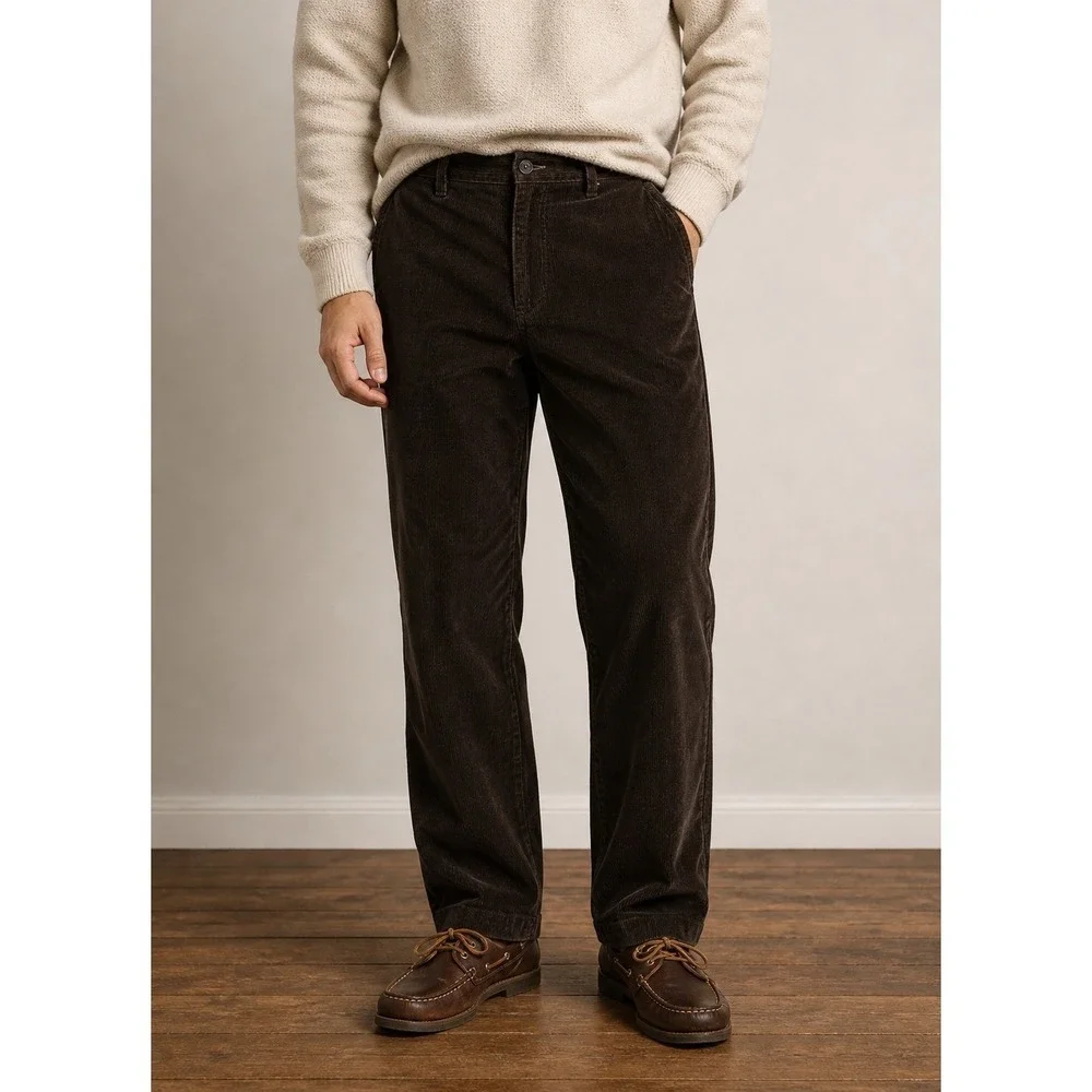 LL Bean Classic Fit Corduroy Pants Mens 35x32 Brown Stretch Cotton ID 502835